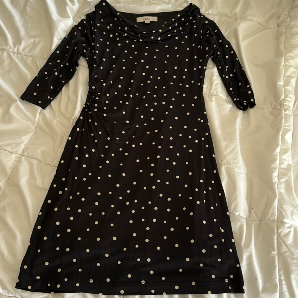 Black and beige polka dot dress, 3/4 sleeve, mini